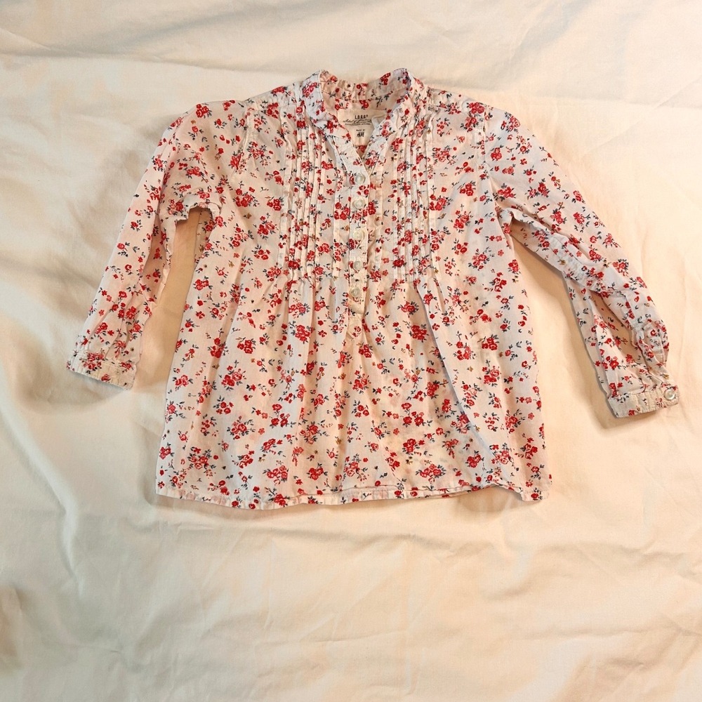HM LOGG Toddler Girls White Red Floral Pintuck Long Sleeve Blouse Top 1.5-2Y